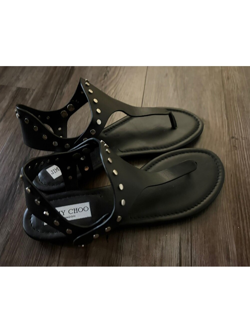 JIMMY CHOO Dara Studded Black Leather T-Strap Sandals 38 1/2